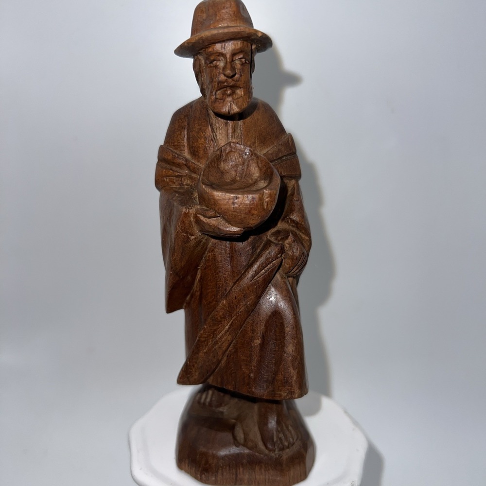 Vintage Hand Carved Wood Hobo Figurine Old Man Beggar Traveler Folk Art Statue